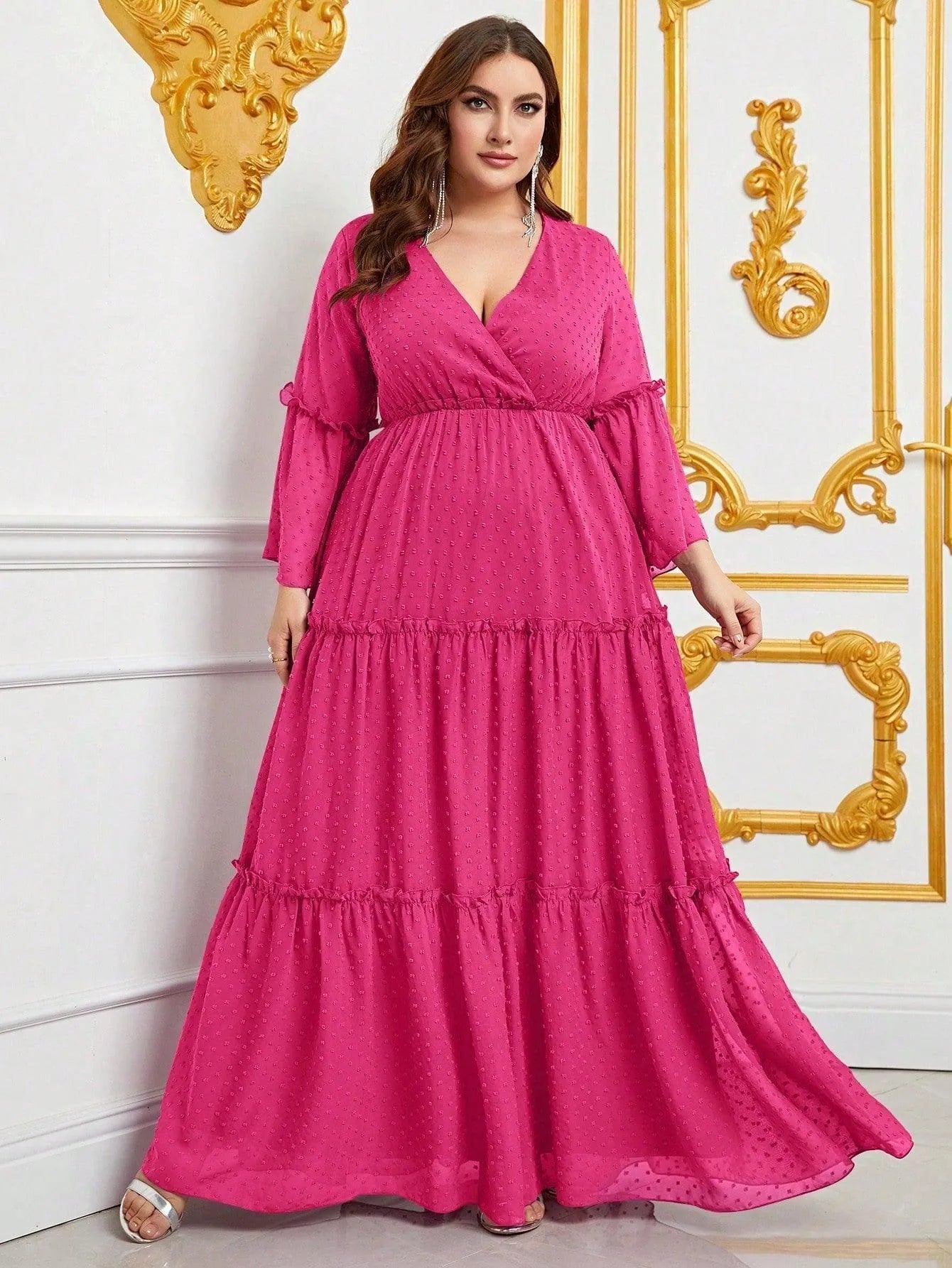 Plus Surplice Neck Bell Sleeves Swiss Dot Chiffon Dress Purple / 5XL Plus Surplice Neck Bell Sleeves Swiss Dot Chiffon Dress Purple / 5XL