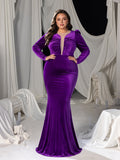 Plus Mesh Insert Ruched Velvet Mermaid Dresses