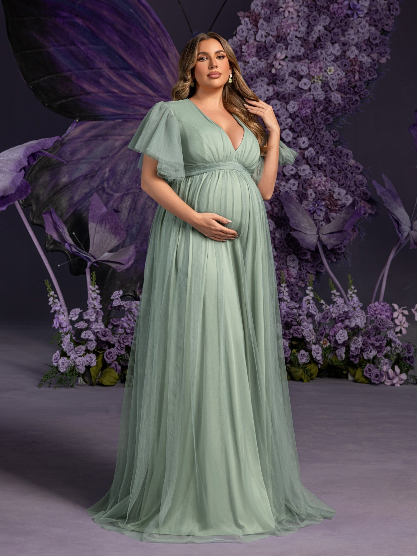 Plus Maternity  V Neck Layered Ruffle Sleeves Split Prom Dress