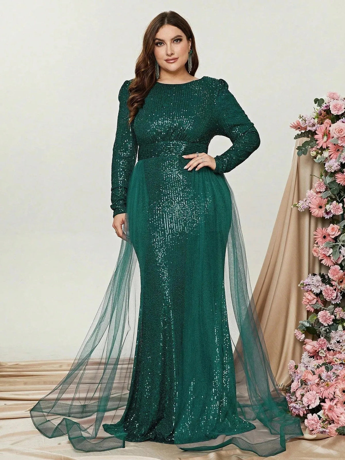 Elegant Long Sleeves Sequin Mermaid Dresses With Mesh Layered On Waist