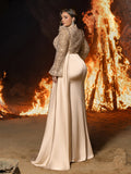 Plus Elegant Satin Evening Gown with High Slit & Crystal-Embellished Sleeves – Luxurious Backdrop for High-End Wedding Receptions or Charity Galas, 1XL-3XL