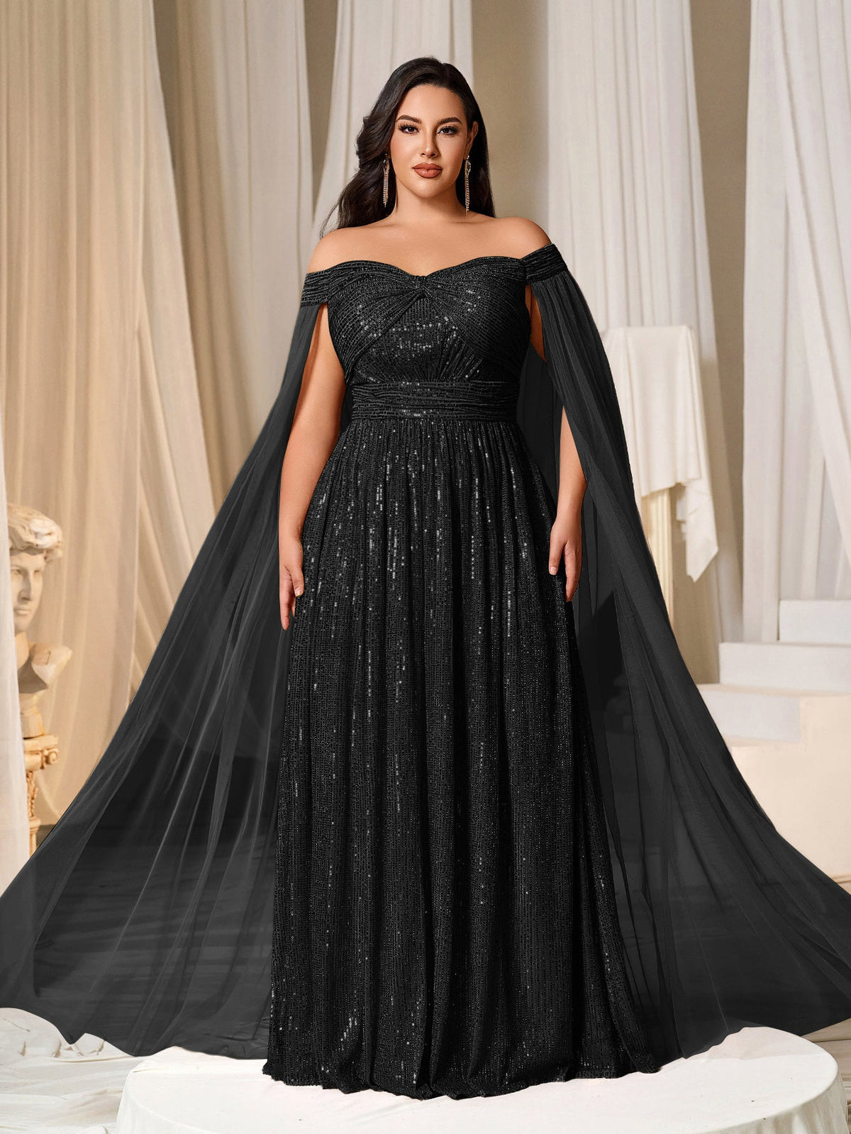 Plus Off-Shoulder Sequined Gown with Flowing Cape – Luxury Evening Wear for Weddings or Red Carpet Events, 1XL-5XL