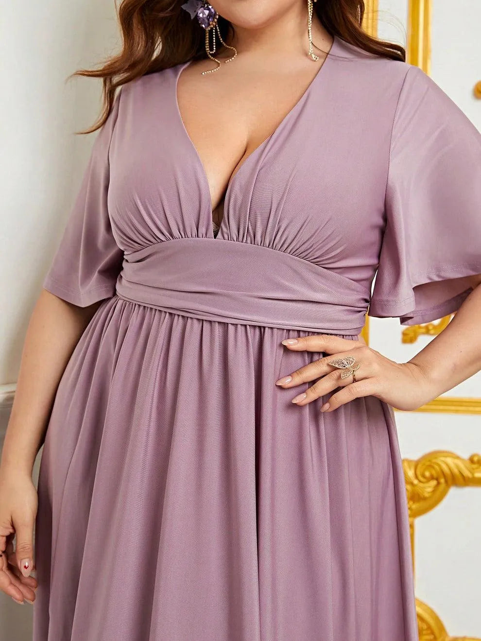 Plus V Neck Butterfly Sleeves Party Dress - Elonnashop