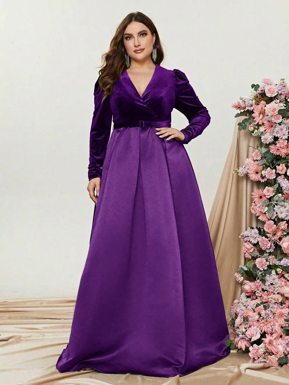 Plus V Neck Long Sleeve Belted Satin A Line Dress - Elonnashop