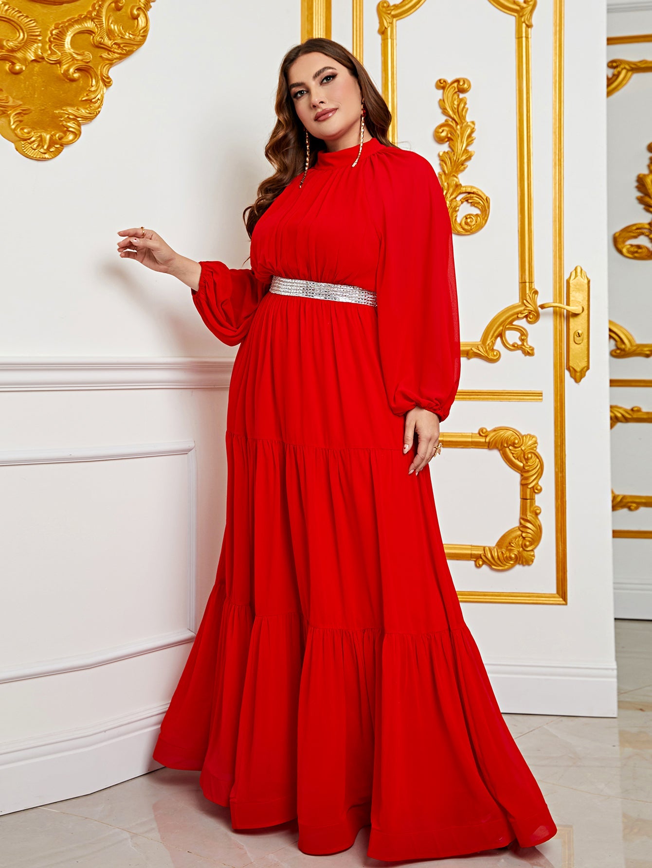 Plus Chiffon Mock Neck Evening Gown with Tiered Ruffles – Structured Red / 2XL Plus Chiffon Mock Neck Evening Gown with Tiered Ruffles – Structured Red / 2XL