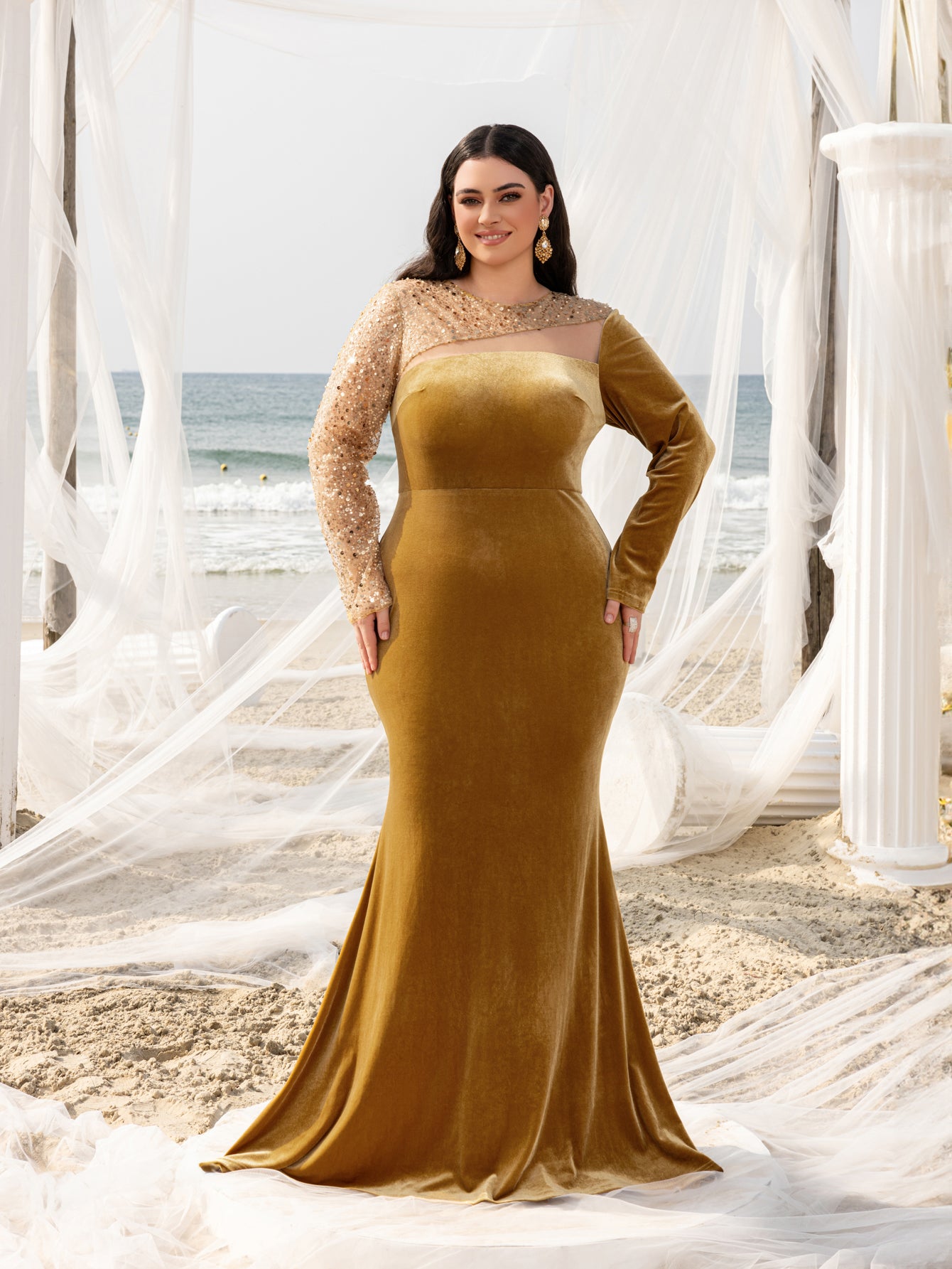 Plus Elegant Asymmetrical Neck Contrast Sequin Mermaid Hem Velvet Eve Gold / 1XL Plus Elegant Asymmetrical Neck Contrast Sequin Mermaid Hem Velvet Eve Gold / 1XL