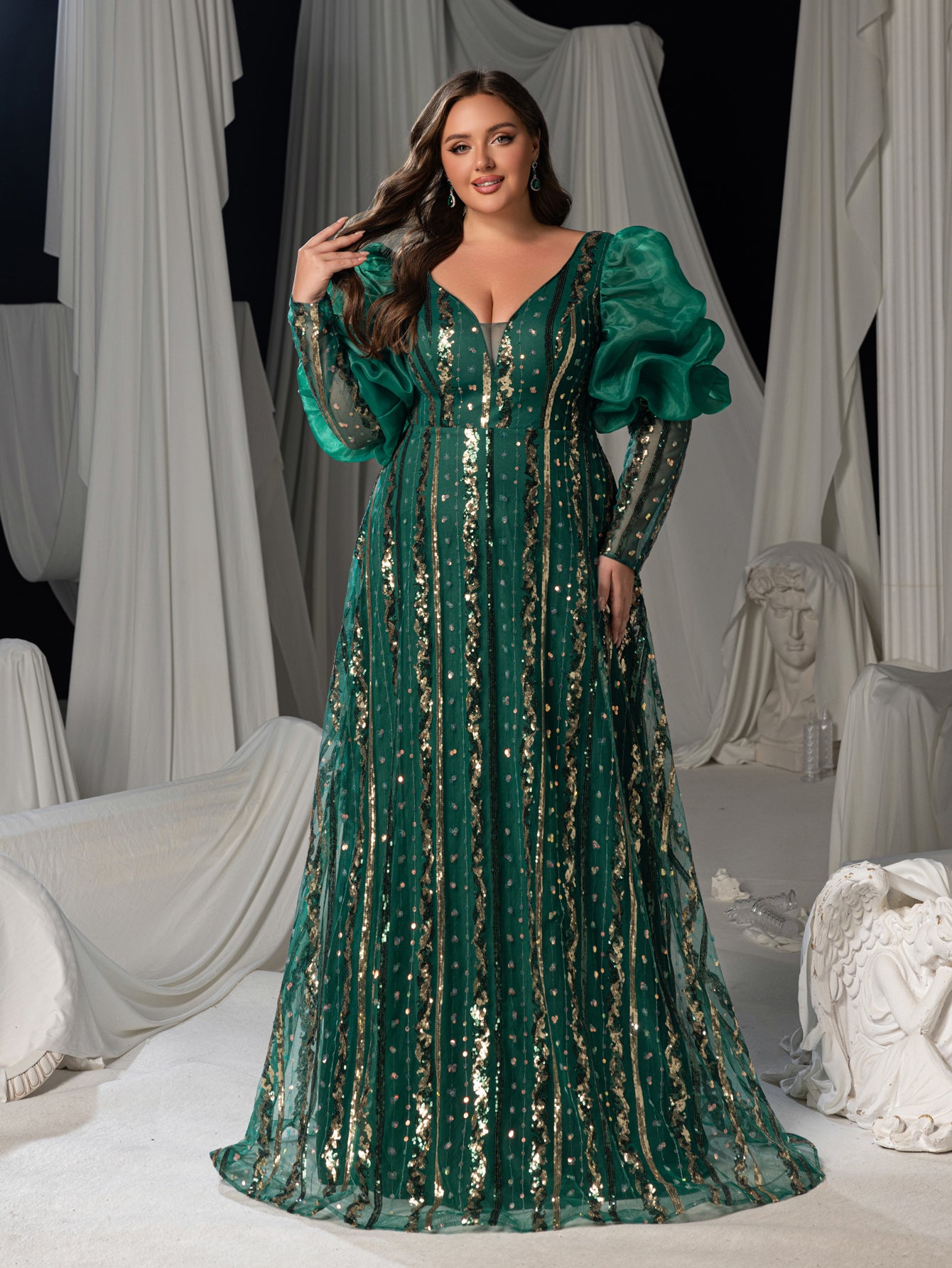 Plus Luxury Plunging Neck Backless Gigot Sleeves Maxi Prom Dress Green / 3XL Plus Luxury Plunging Neck Backless Gigot Sleeves Maxi Prom Dress Green / 3XL