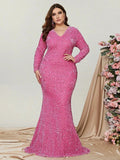 Plus V Neck Long Sleeves Sequin Mermaid Dress