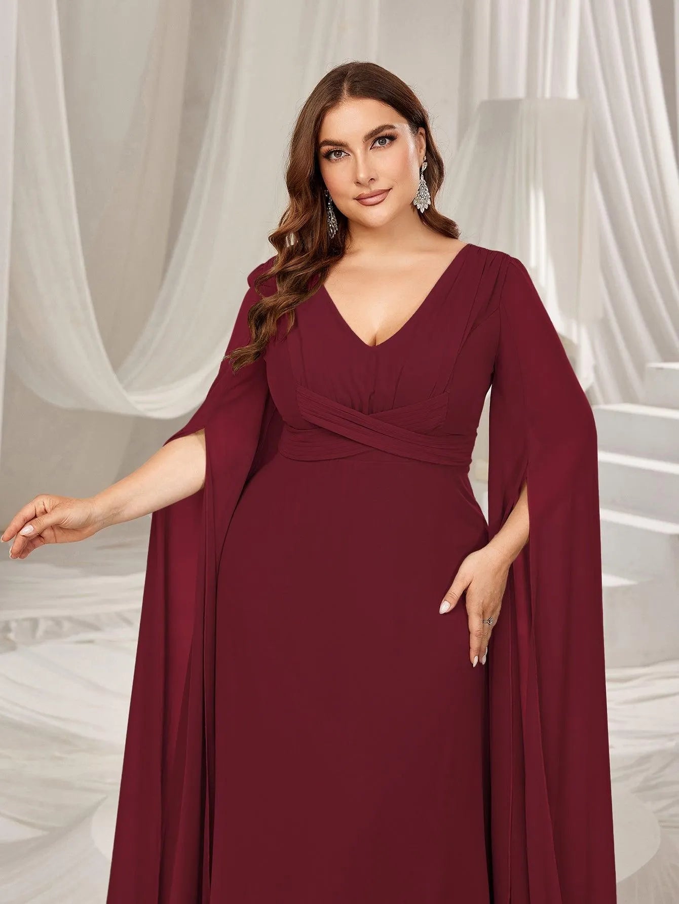 Plus Solid Ruched Front Extra-Long Sleeves Chiffon Prom Dress Green / 2XL Plus Solid Ruched Front Extra-Long Sleeves Chiffon Prom Dress Green / 2XL
