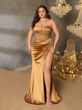 Plus Elegant Strapless Rhinestone Detail Sheer Bodice Split Satin Formal Party Dress