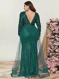 Elegant Long Sleeves Sequin Mermaid Dresses With Mesh Layered On Waist