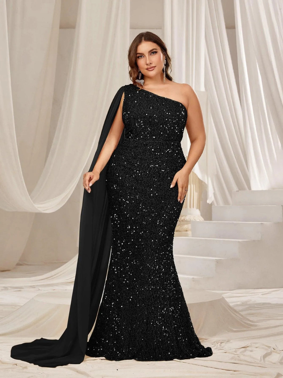 Plus One Shoulder Draped Side Sequin Mermaid Dress - Elonnashop