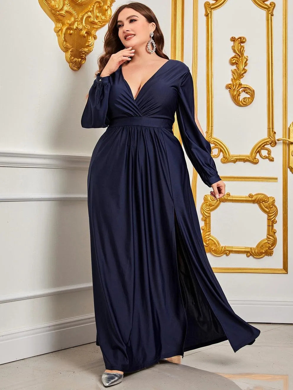 Plus Plunging Neck Lantern Sleeve High Slit Dress - Elonnashop