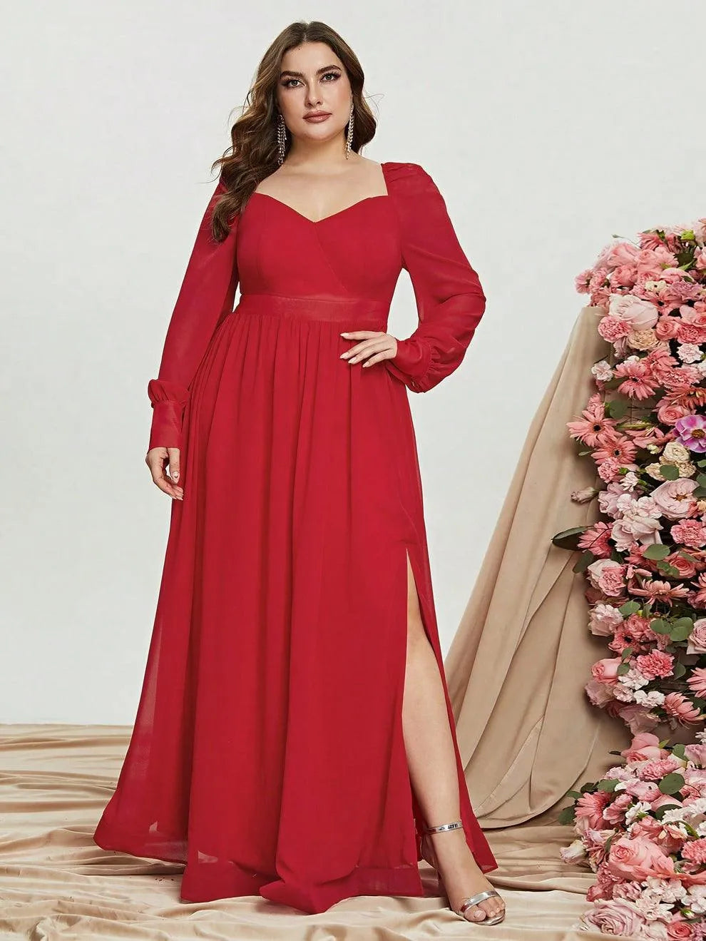 Plus Sweetheart Neck Backless Long Sleeve Chiffon A line Dress