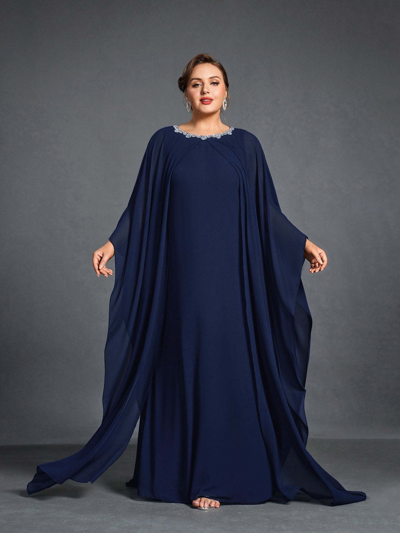 Plus Womens' Embellished Round -Neck Formal Dress with Sheer Chiffon Curvepretty Plus Womens' Embellished Round -Neck Formal Dress with Sheer Chiffon Curvepretty