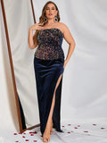 Plus Sequin Bodice Contrast Velvet Hem Tube Dress