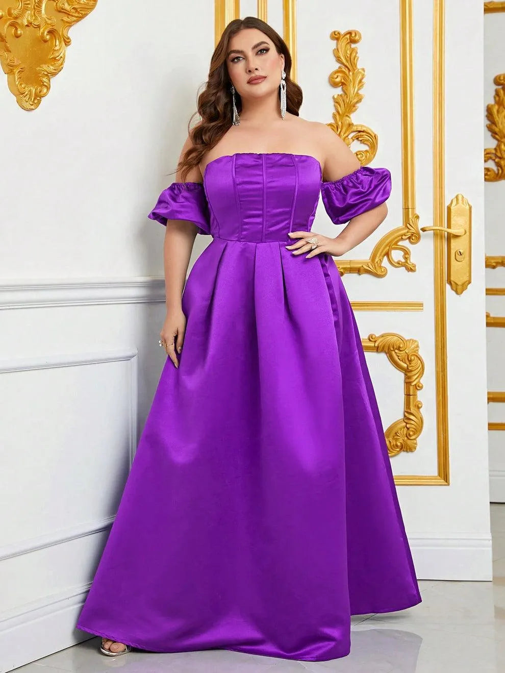 Plus Off Shoulder Puff Sleeves Ruched Bust Satin Prom Dress - Elonnashop