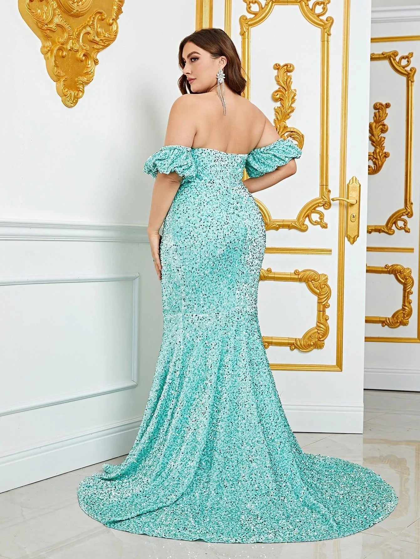 Plus Off Shoulder Puff Sleeves Mermaid Sequin Prom Dress - Elonnashop