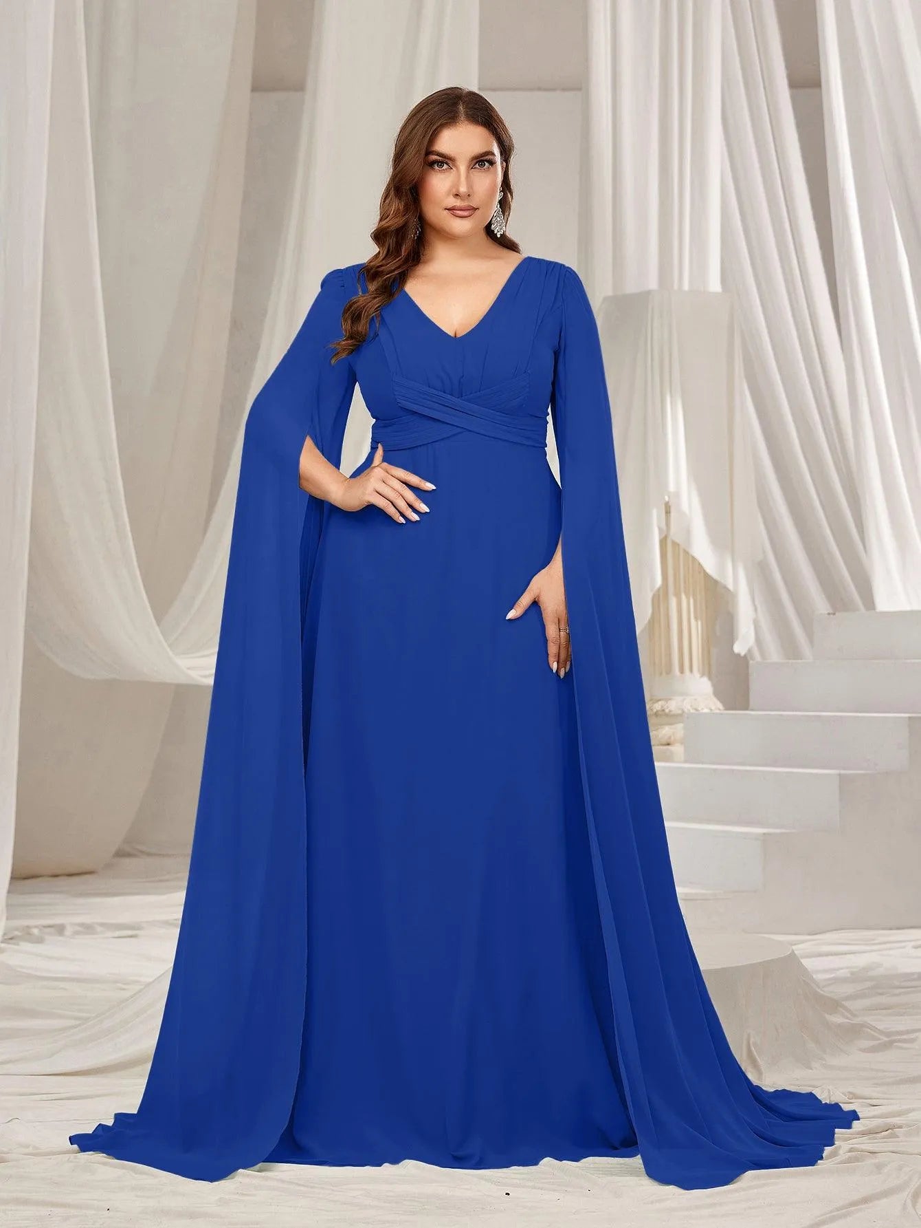Plus Solid Ruched Front Extra-Long Sleeves Chiffon Prom Dress Green / 2XL Plus Solid Ruched Front Extra-Long Sleeves Chiffon Prom Dress Green / 2XL