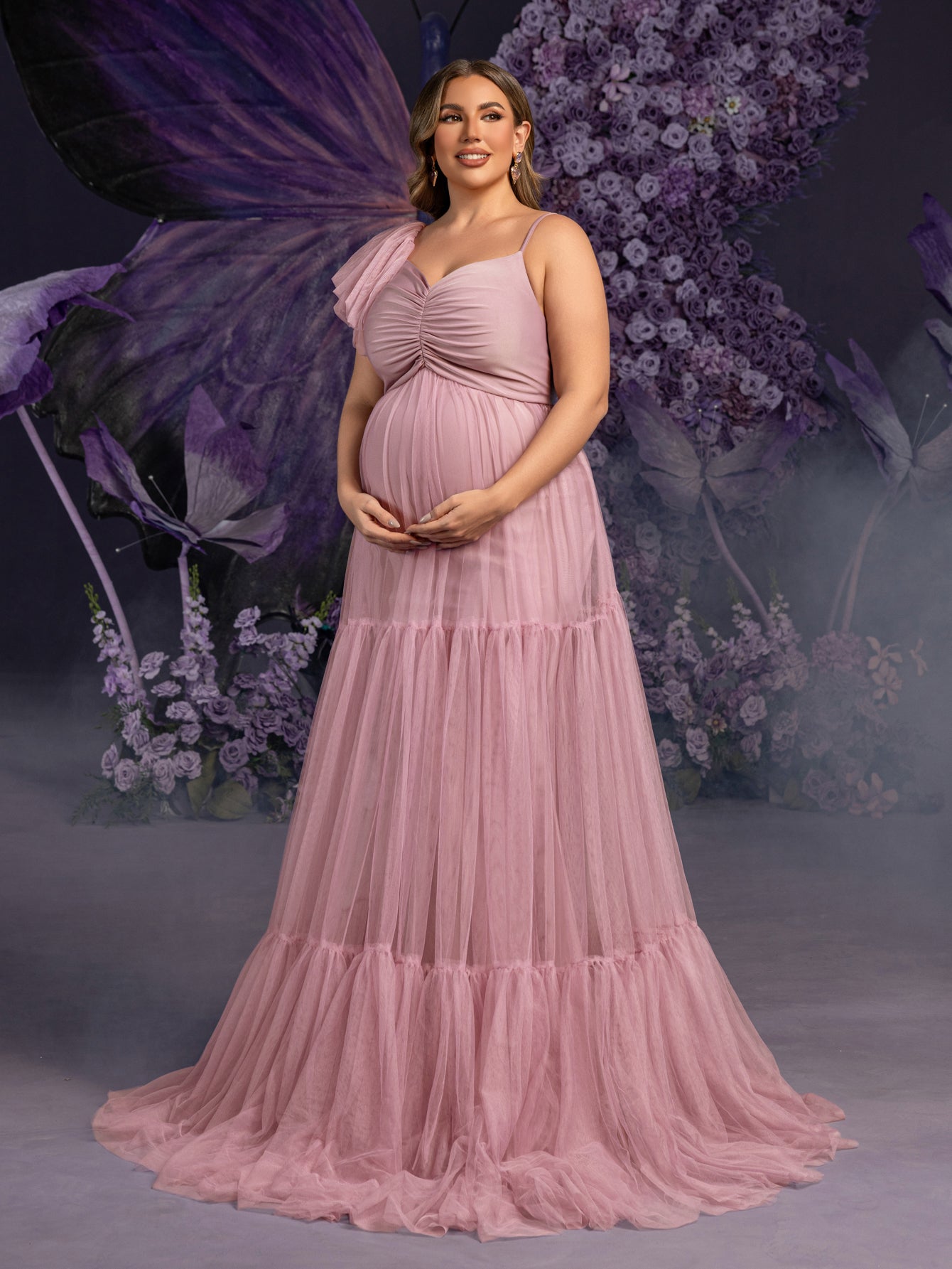 Plus Maternity Ruched Bust Layered Hem Mesh Ruffle Cami Dress Mauve Purple / 2XL Plus Maternity Ruched Bust Layered Hem Mesh Ruffle Cami Dress Mauve Purple / 2XL