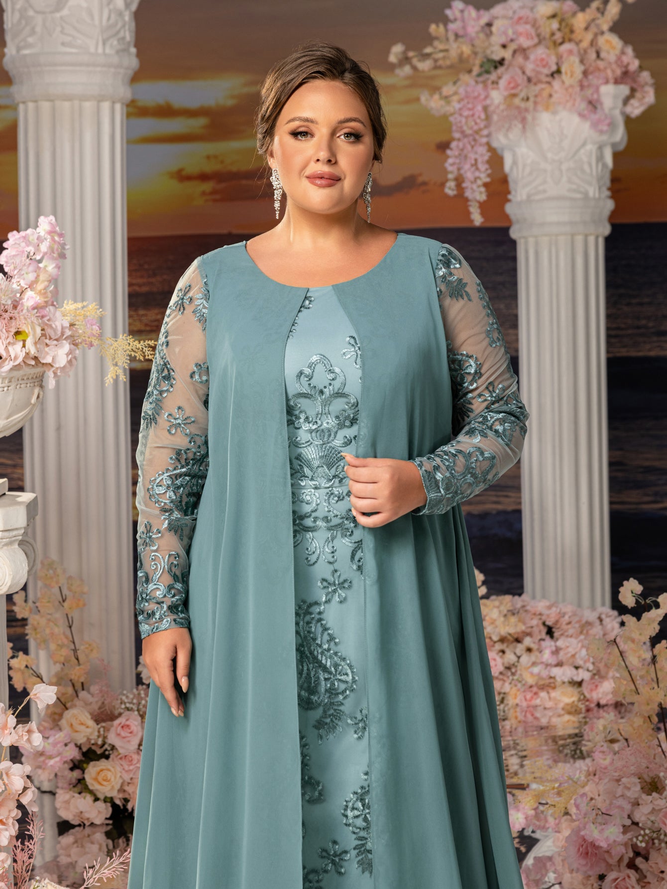 Plus Womens' Elegant Lace Mermaid Gown - Sheer Sleeves & Intricate Lace Patterns with Chiffon Overlay for Beach Weddings, Romantic Coastal Events