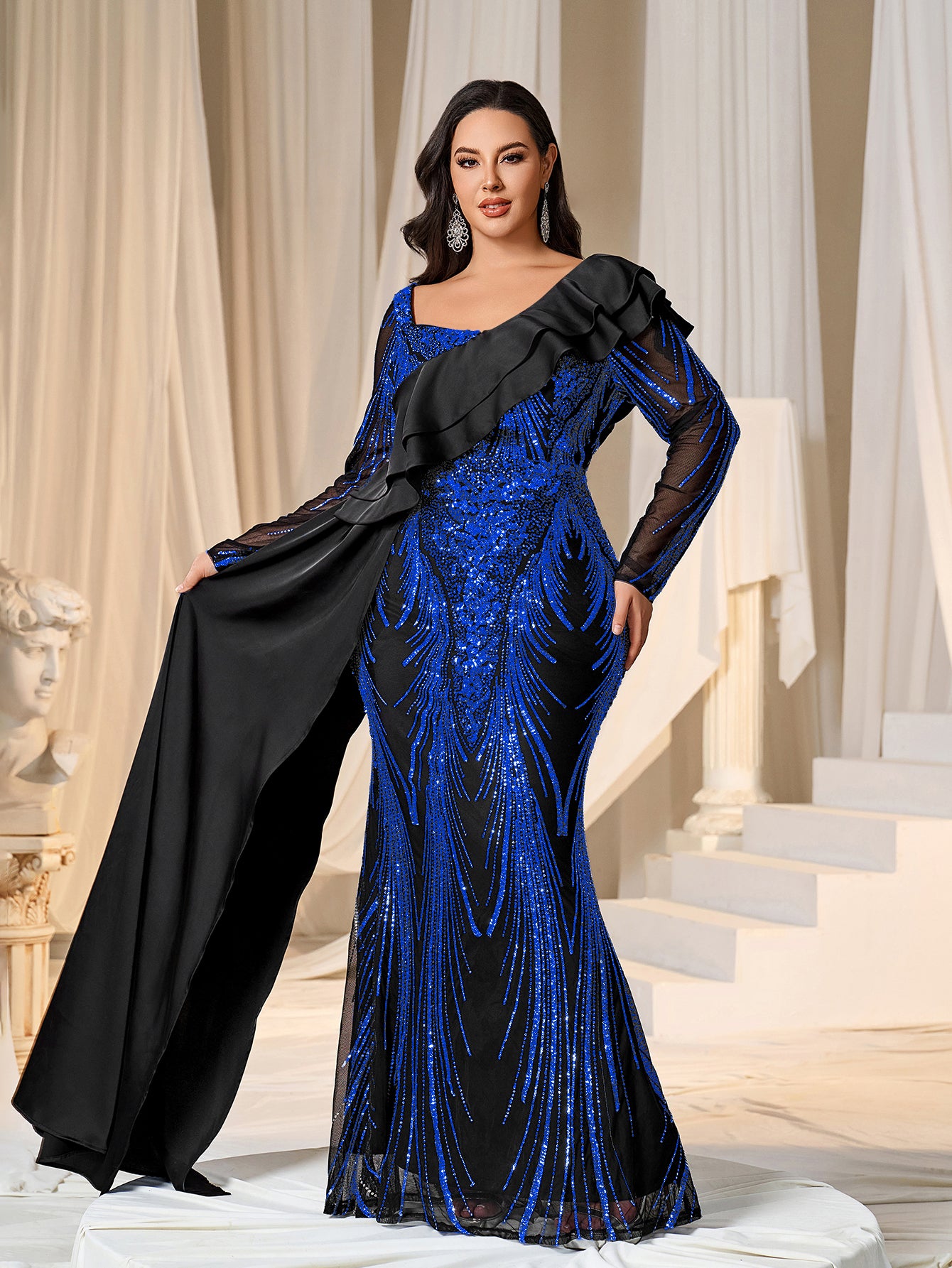Plus Asymmetrical Ruffle Trim Mermaid Hem Graphic Sequin Formal Dress - Royal Blue / 1XL Plus Asymmetrical Ruffle Trim Mermaid Hem Graphic Sequin Formal Dress - Royal Blue / 1XL