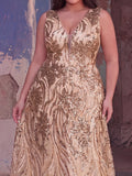 Plus Floral Sequin V Neck Sleeveless A-Line Formal Prom Dress