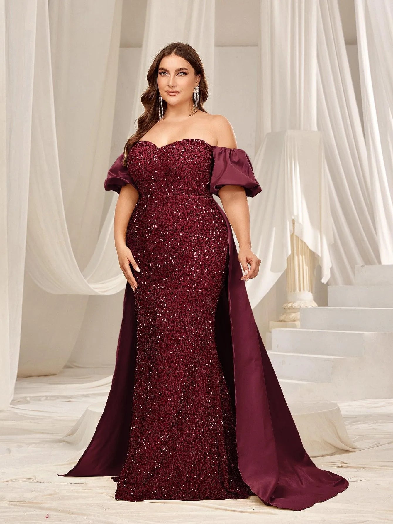 Plus Off Shoulder Puff Sleeves Satin Sequin Mermaid Dress - Elonnashop