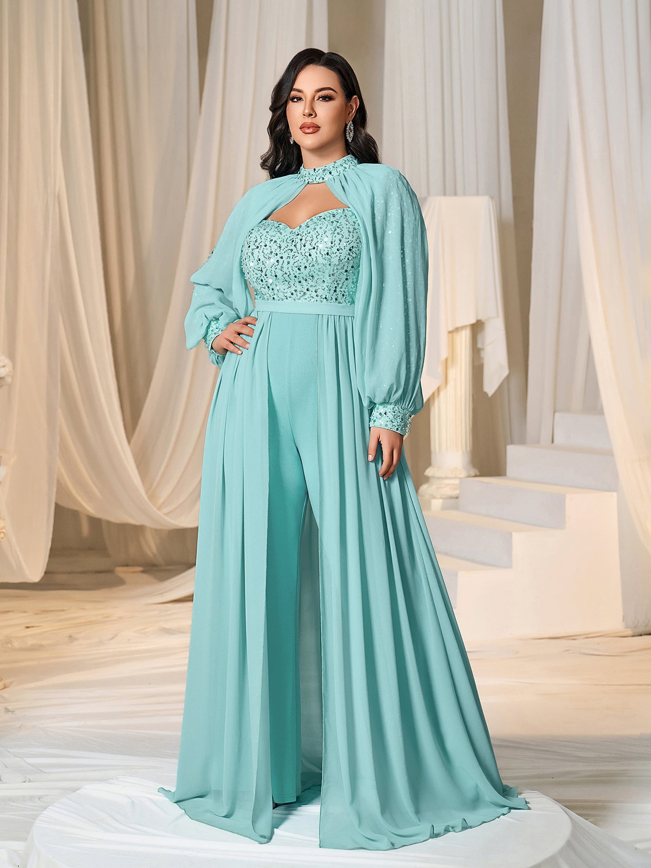 Plus Lantern Sleeves Chiffon Overlay Sequin Party Jumpsuit