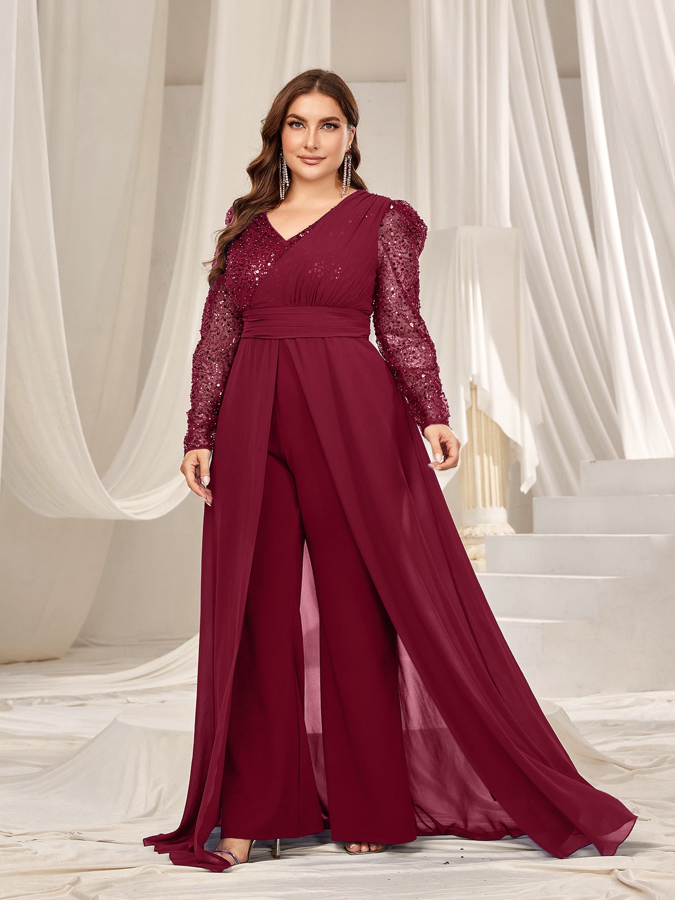 Plus Gigot Sleeves Chiffon Overlay Sequin Prom Jumpsuit