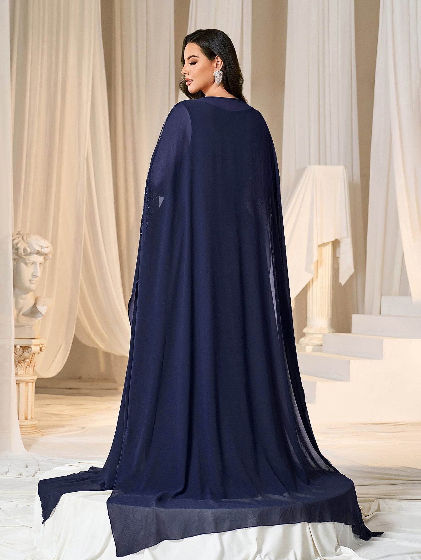 Plus Gorgeous Two-Piece Chiffon Evening Dress | Rhinestone Cape Sle Navy Blue / 2XL Plus Gorgeous Two-Piece Chiffon Evening Dress | Rhinestone Cape Sle Navy Blue / 2XL