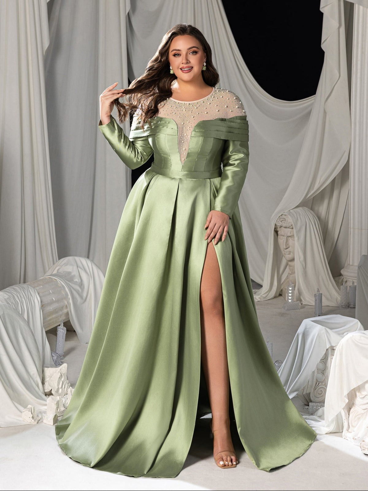 Plus Luxury Beaded Evening Gown with Off-Shoulder Mesh Insert, High Olive Green / 2XL Plus Luxury Beaded Evening Gown with Off-Shoulder Mesh Insert, High Olive Green / 2XL