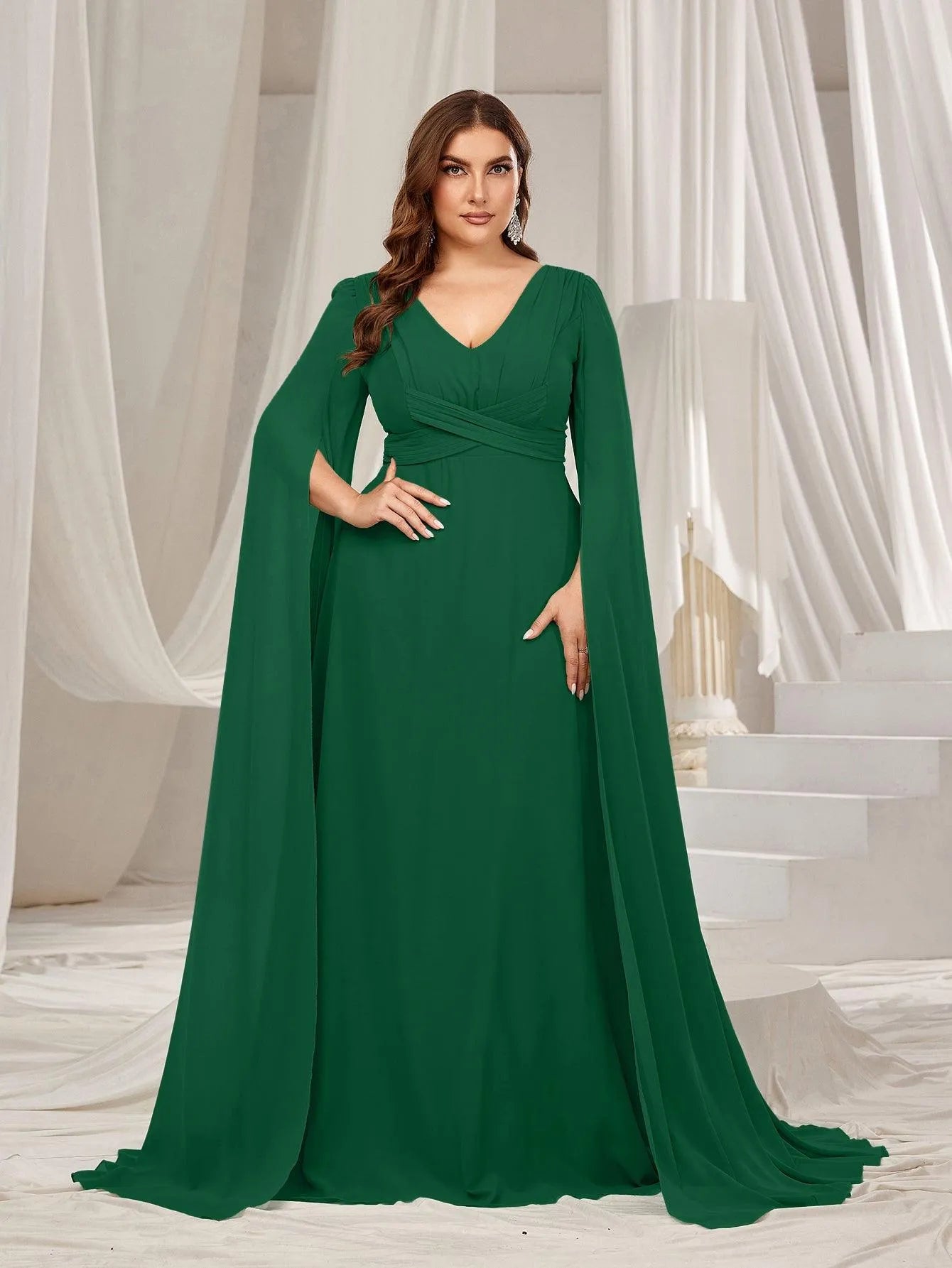 Plus Solid Ruched Front Extra-Long Sleeves Chiffon Prom Dress - Elonnashop