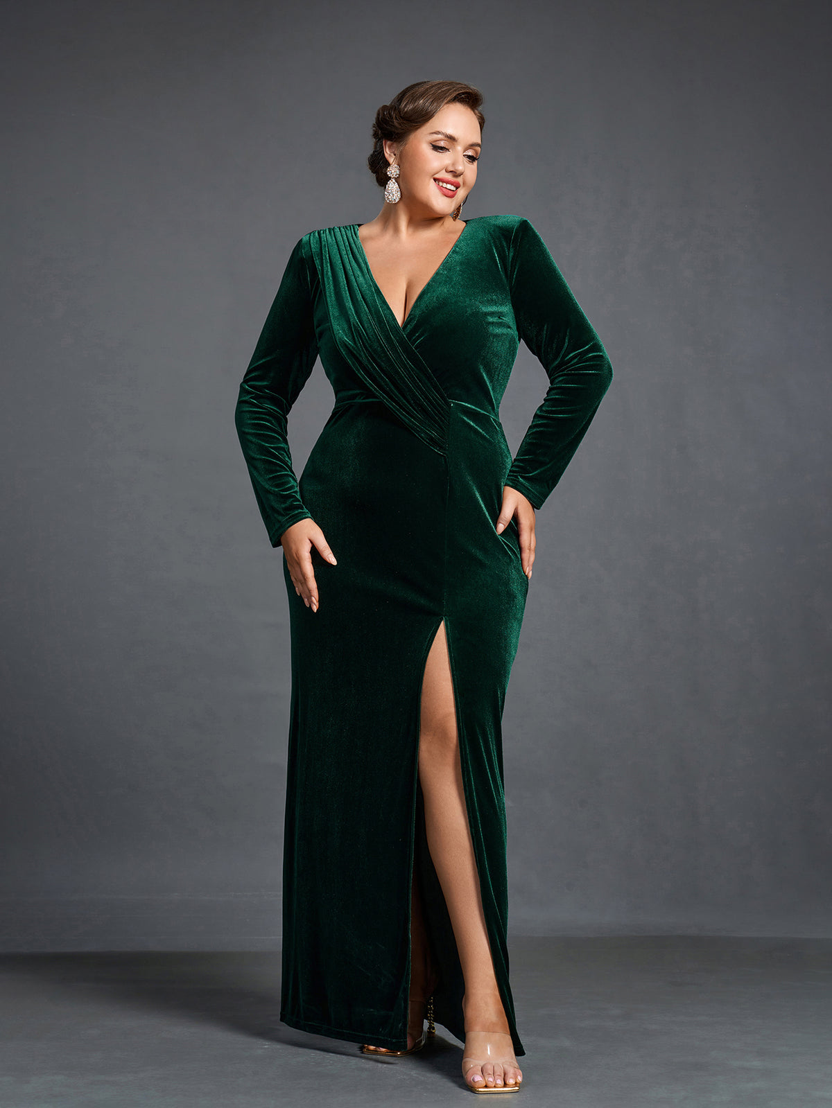 Plus Elegant V Neck Long Sleeve Velvet Slit Dress – Curvepretty