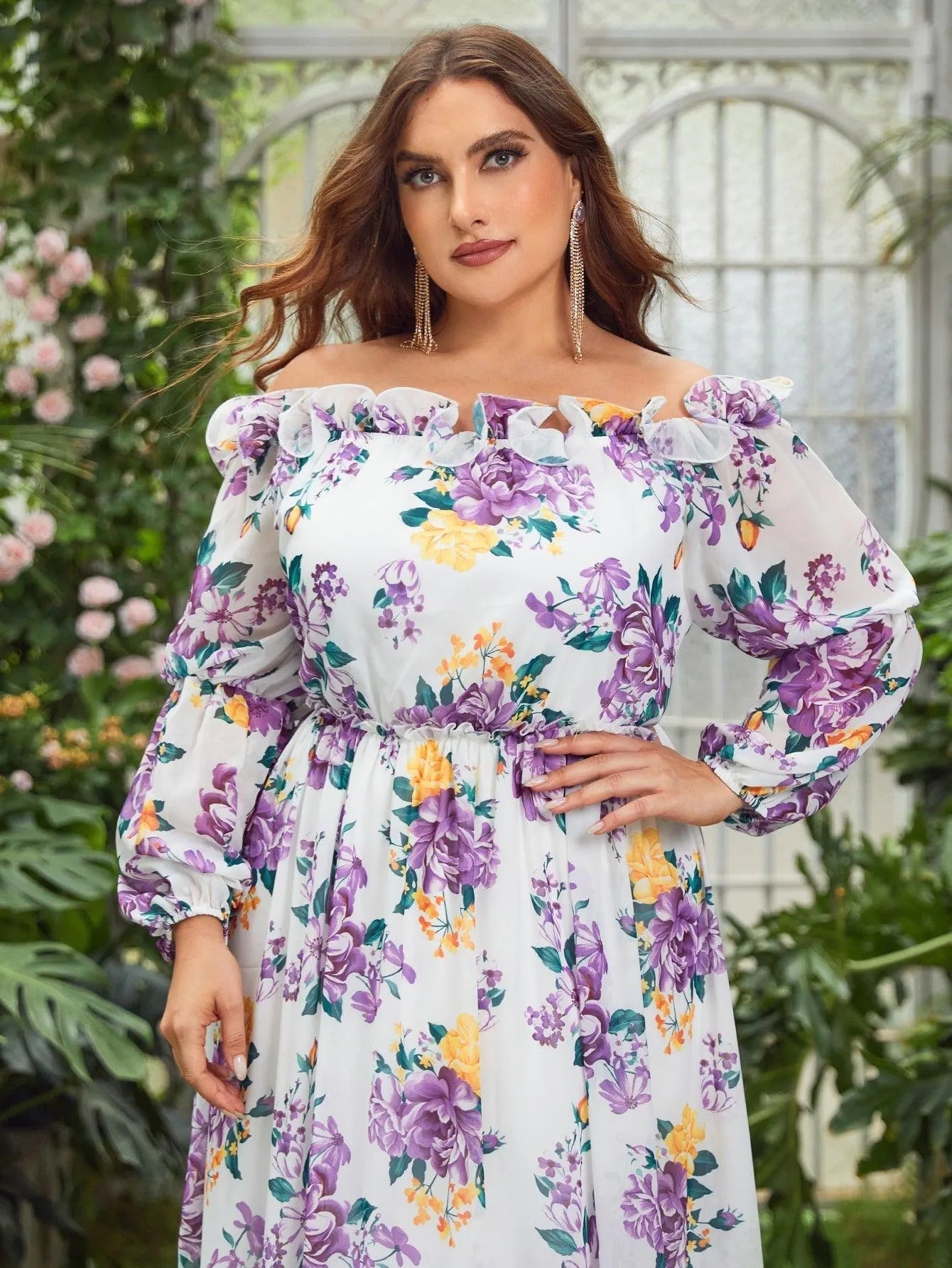 Plus Off Shoulder Long Sleeves Floral Chiffon Dress - Elonnashop