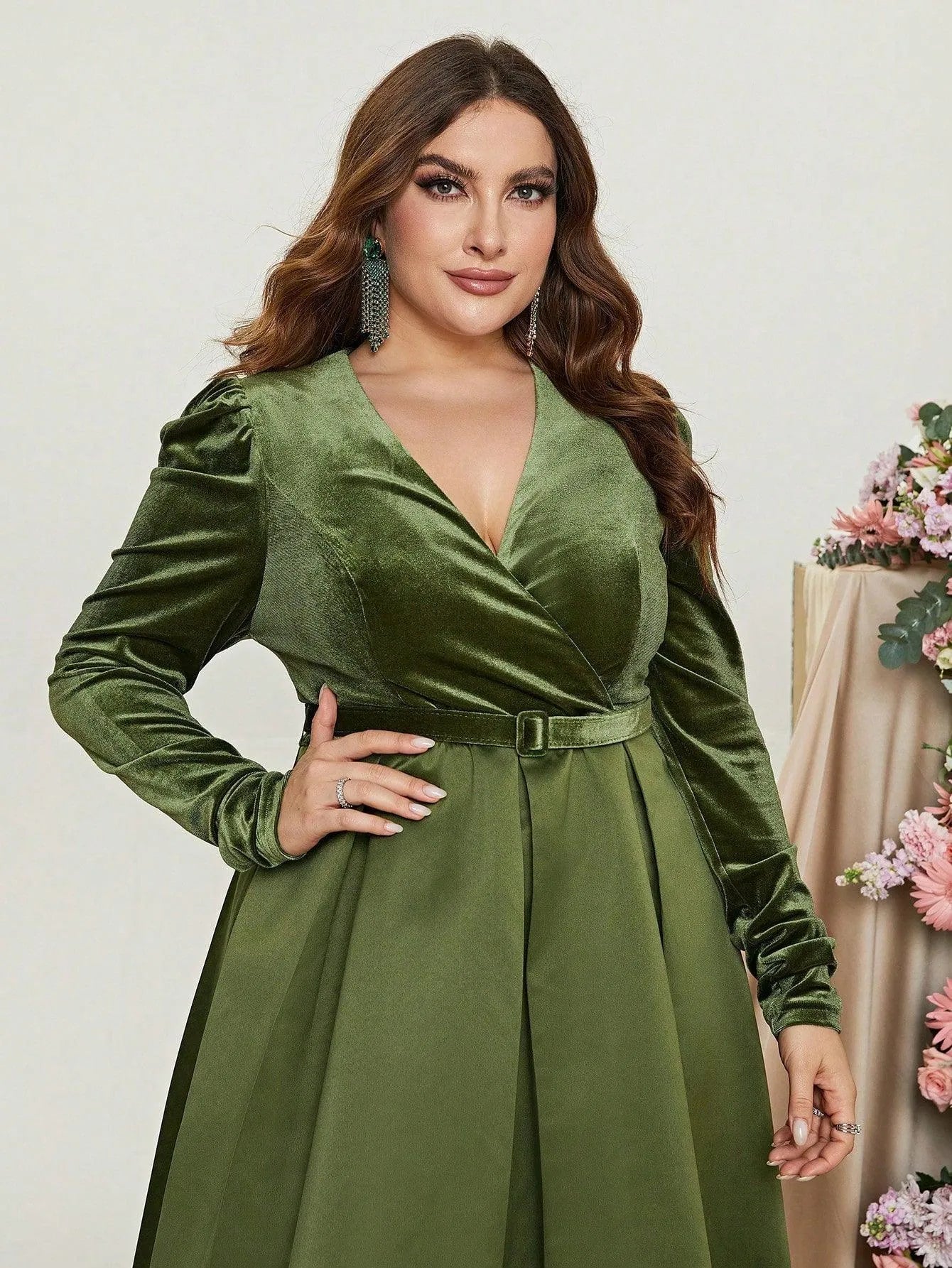 Plus V Neck Long Sleeve Belted Satin A Line Dress - Elonnashop