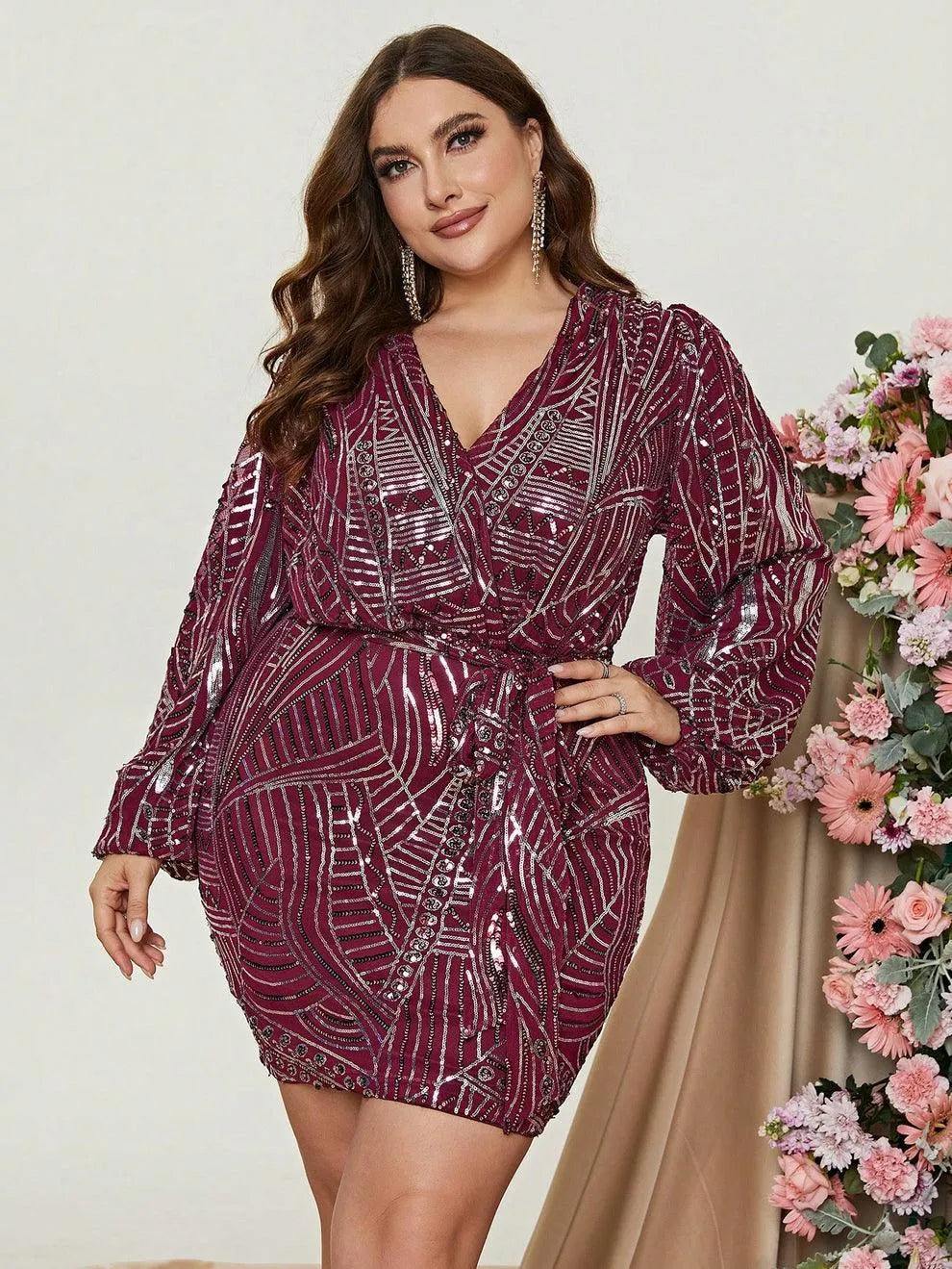 Plus Surplice Neck Lantern Sleeve Sequin Belted Dress - Elonnashop