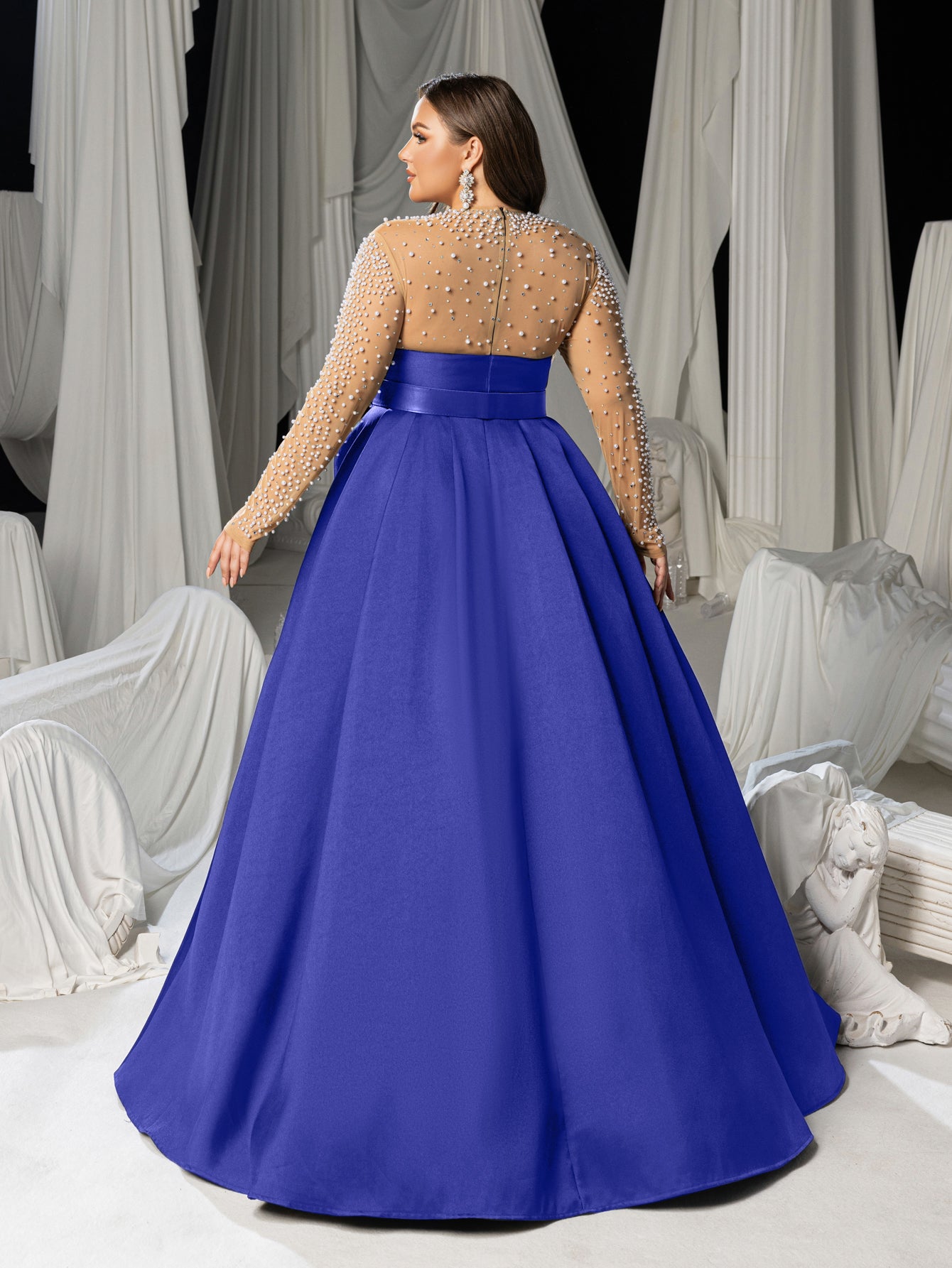 Plus Size Pearl Decoration Sheer Sleeves Satin Evening Gown - Formal Royal Blue / 2XL Plus Size Pearl Decoration Sheer Sleeves Satin Evening Gown - Formal Royal Blue / 2XL