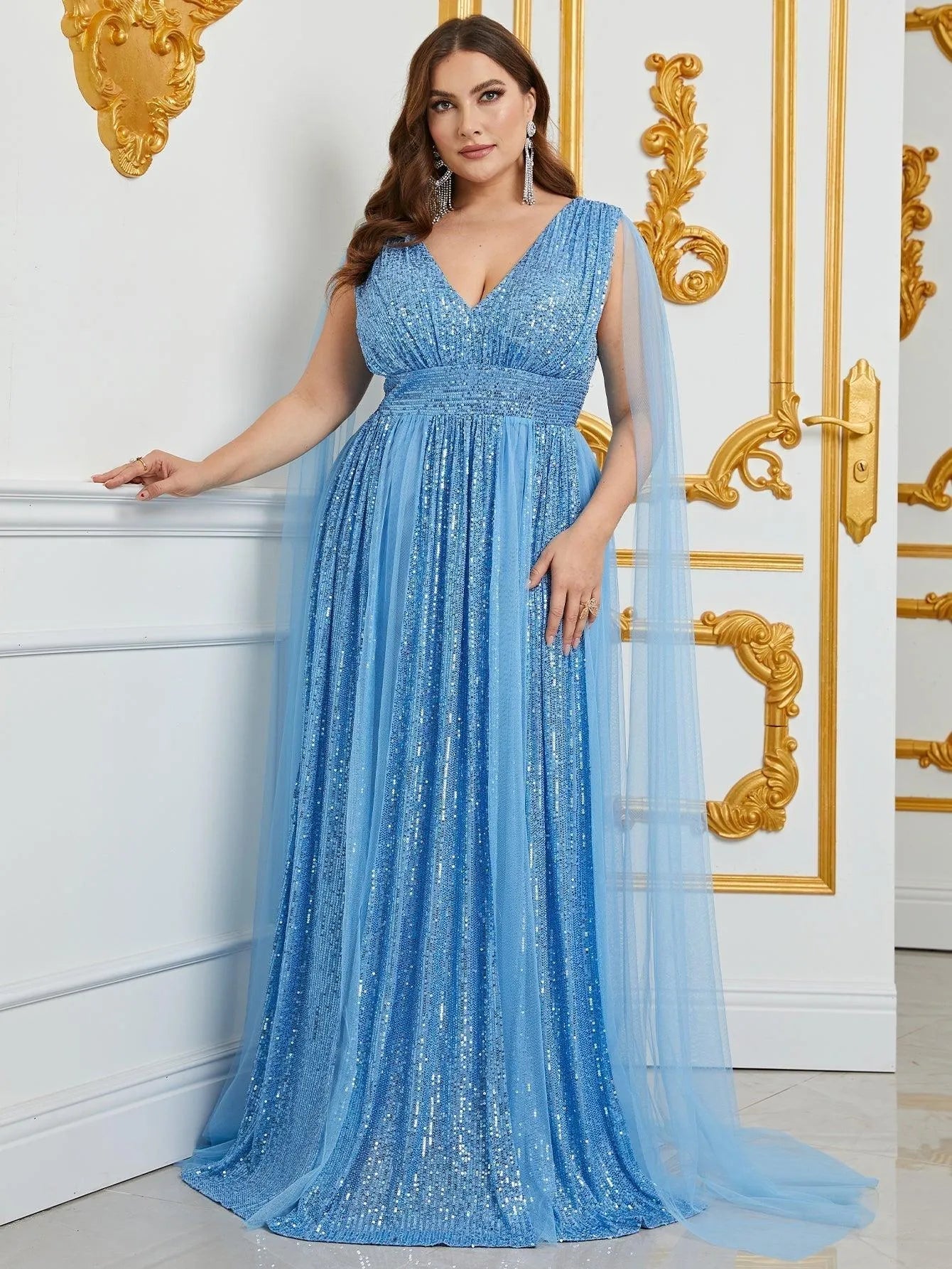 Plus Deep V Neck Sequin A Line Cape Dress Curvepretty Plus Deep V Neck Sequin A Line Cape Dress Curvepretty