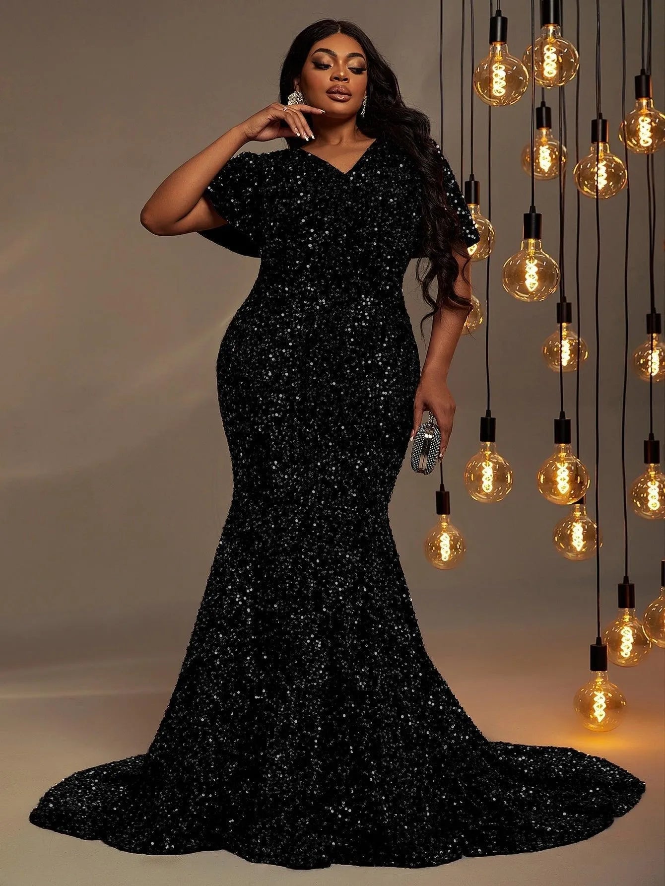 Plus V Neck Short Sleeve Backless Mermaid Dresses Black / 5XL Plus V Neck Short Sleeve Backless Mermaid Dresses Black / 5XL