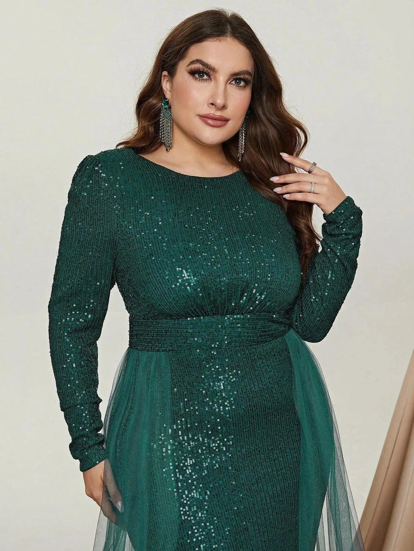 Elegant Long Sleeves Sequin Mermaid Dresses With Mesh Layered On Waist