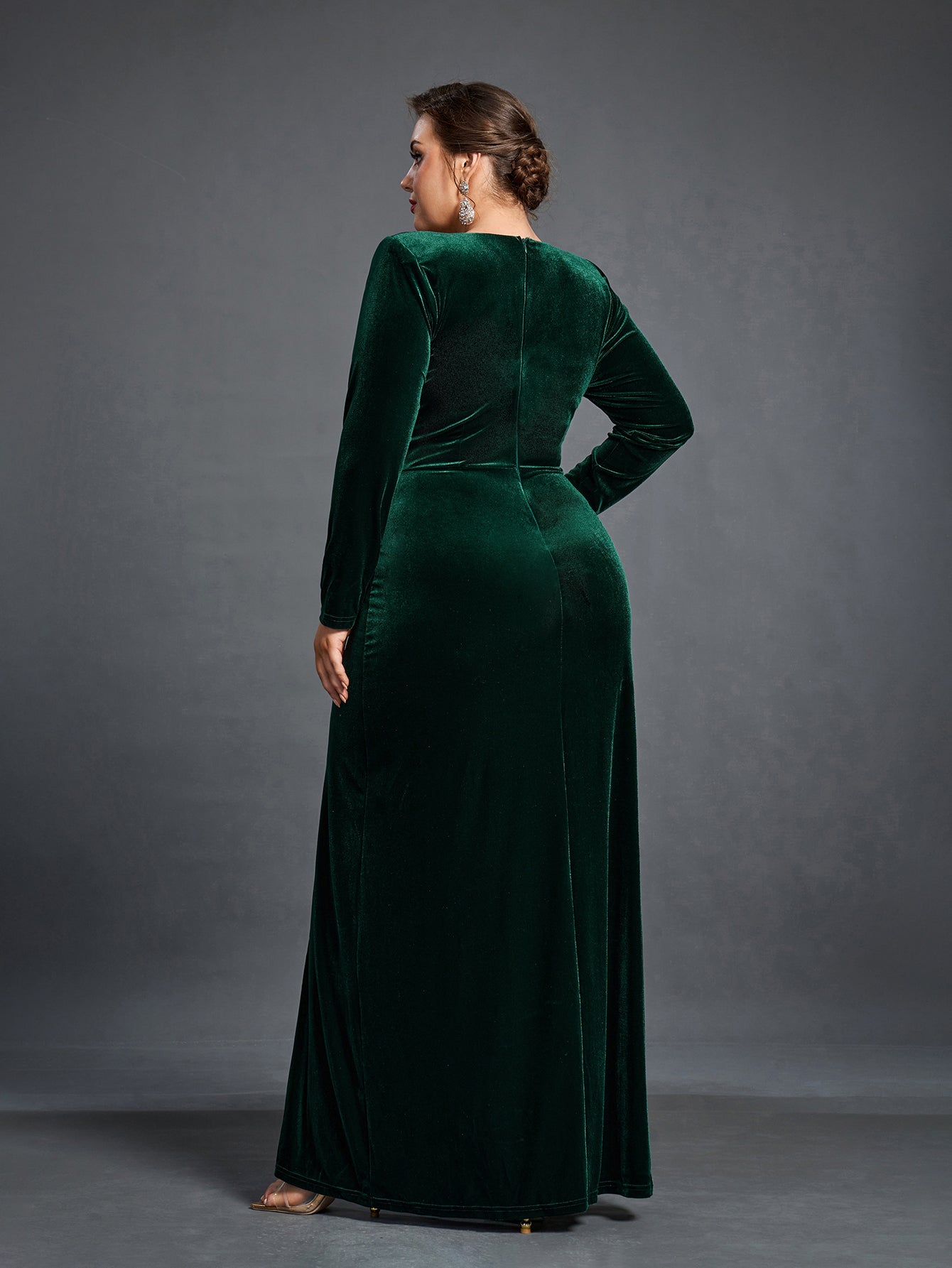 Plus Elegant V Neck Long Sleeve Velvet Slit Dress Dark Green / 4XL Plus Elegant V Neck Long Sleeve Velvet Slit Dress Dark Green / 4XL
