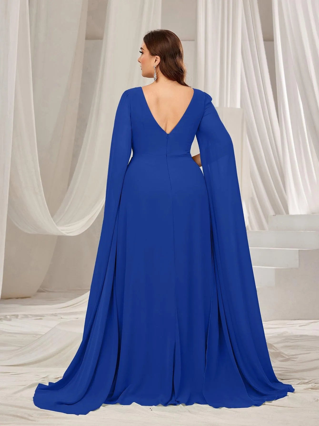 Plus Solid Ruched Front Extra-Long Sleeves Chiffon Prom Dress - Elonnashop