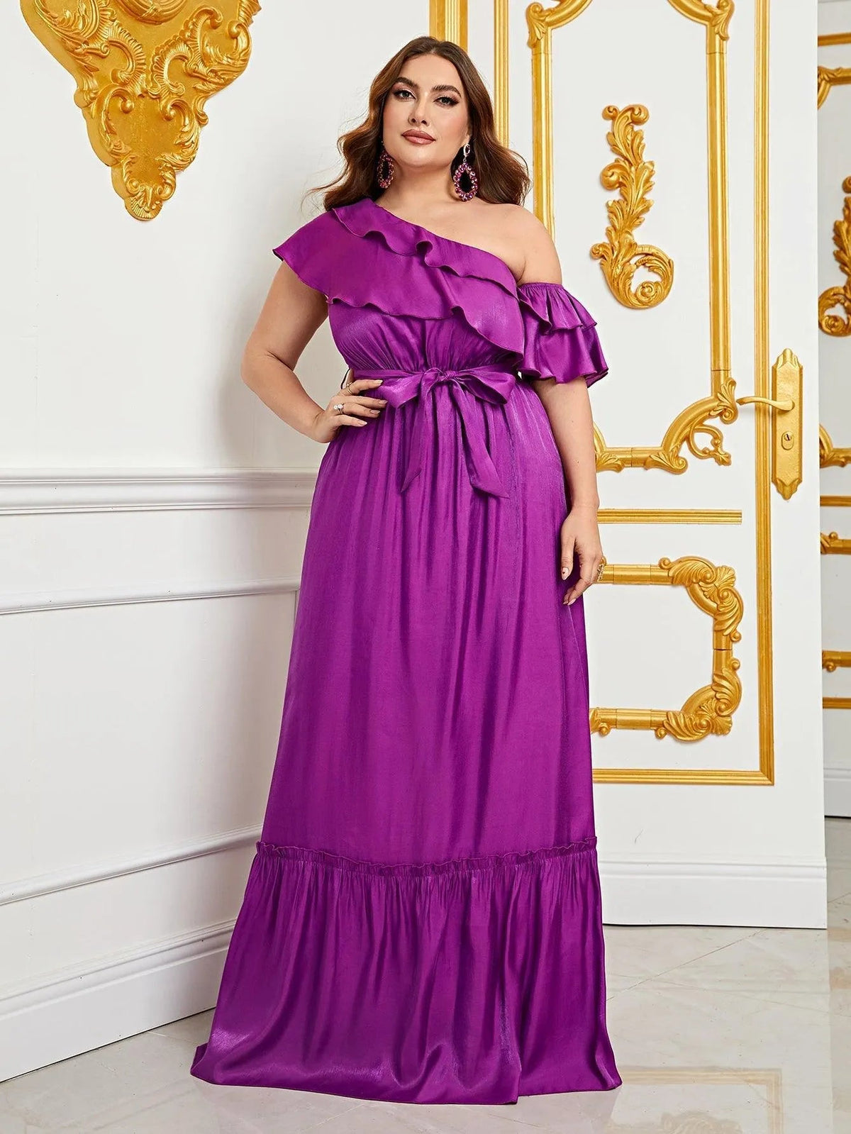 Plus Size Asymmetrical One Shoulder Chiffon A Line Dresses - Elonnashop