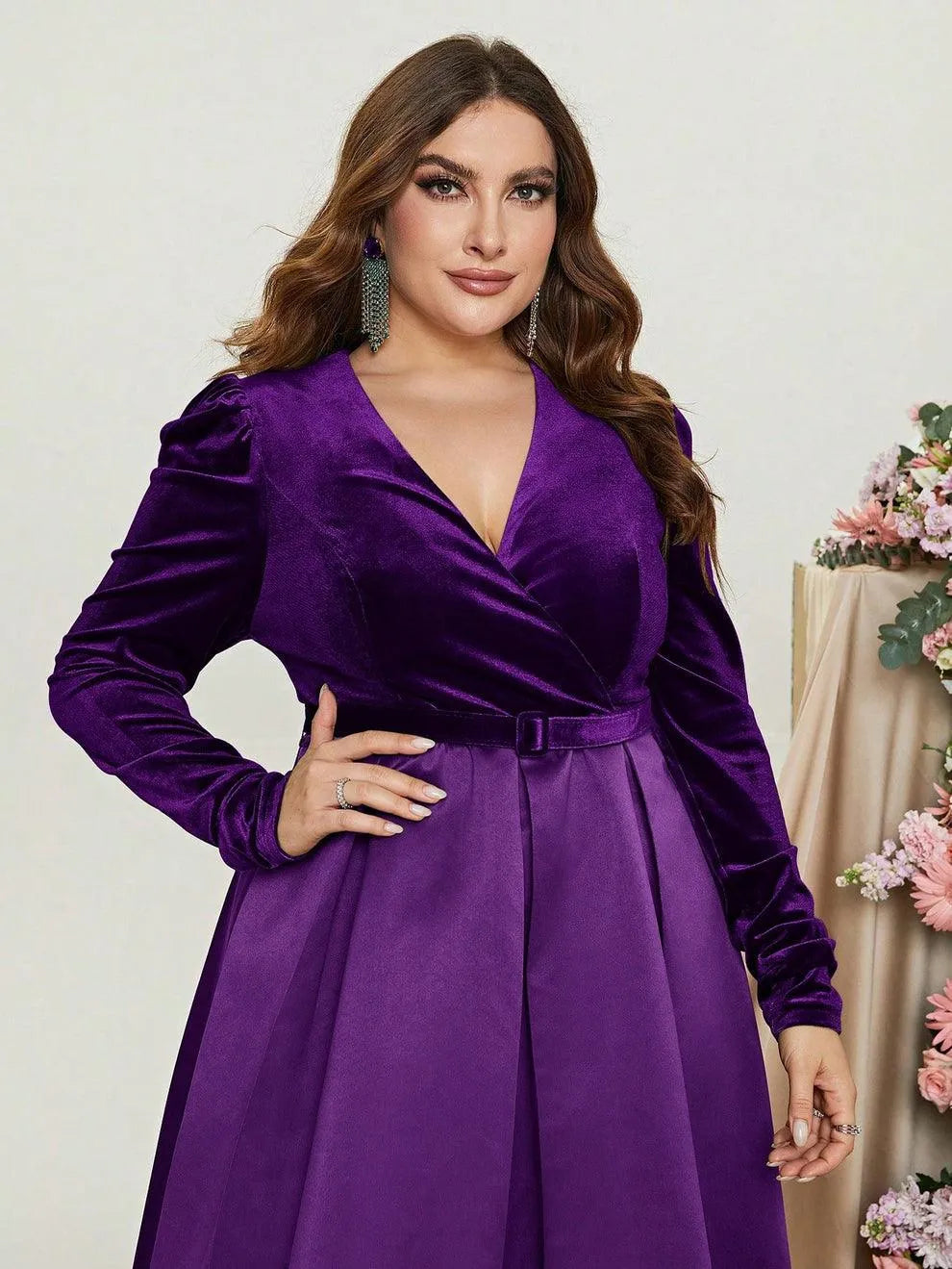 Plus V Neck Long Sleeve Belted Satin A Line Dress - Elonnashop