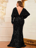 Plus Backless Batwing Sleeves Mermaid Hem Sequin Evening Dress