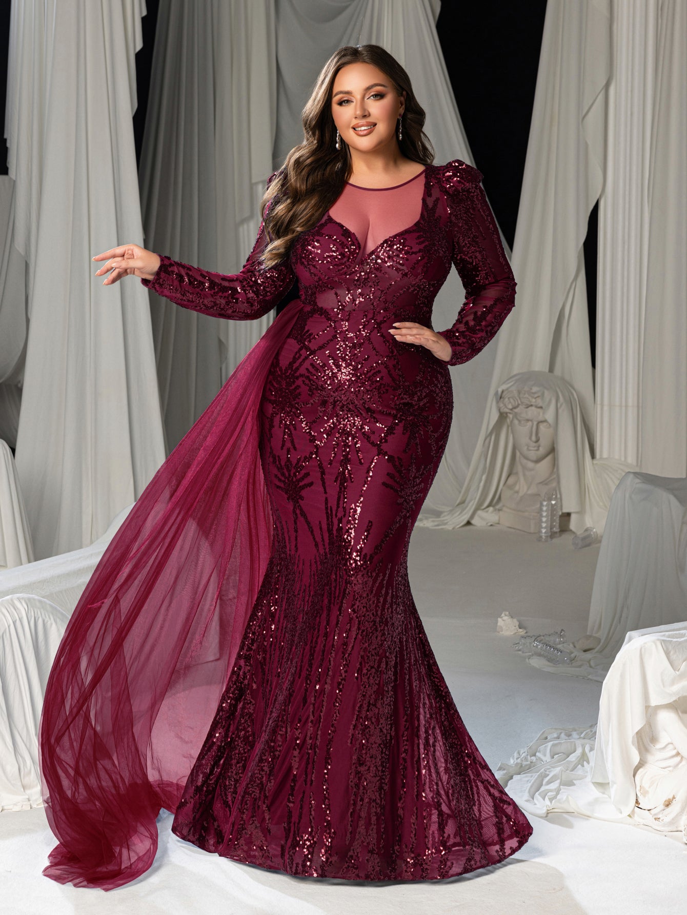 Gorgeous Graphic Sequin Sheer Overlay Mermaid Hem Evening Dress Burgundy / 3XL Gorgeous Graphic Sequin Sheer Overlay Mermaid Hem Evening Dress Burgundy / 3XL