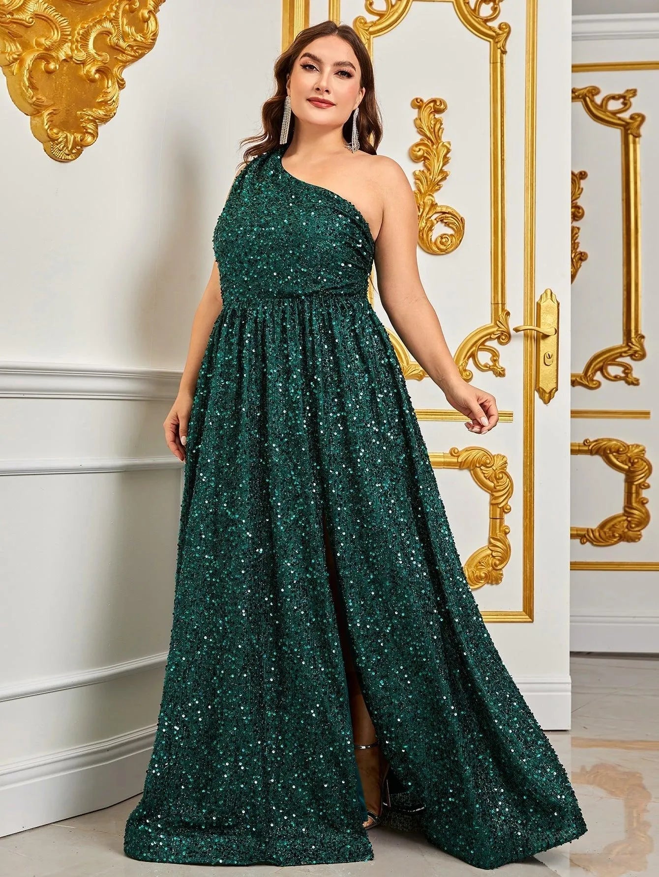 Plus Size One Shoulder Sleeveless Sequin A Line Dresses - Elonnashop