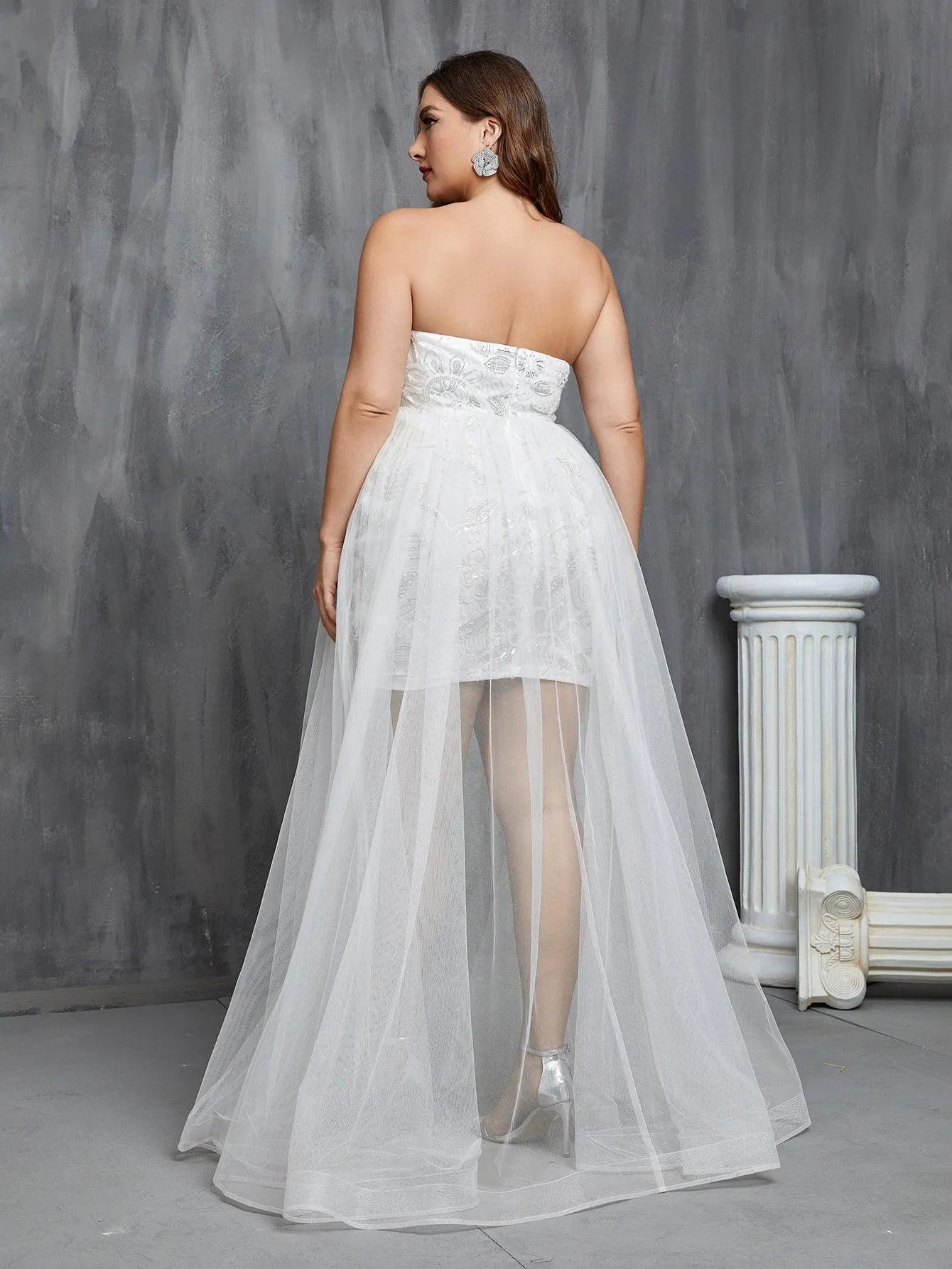 Plus Mesh Overlay Sequin Tube Wedding Dress - Elonnashop