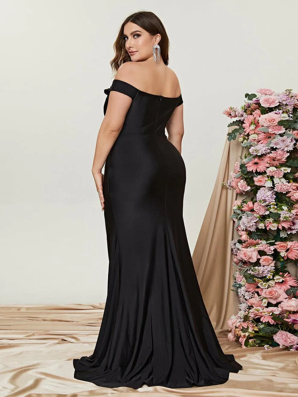 Plus Off Shoulder Ruched Wrap Hem Formal Dress - Elonnashop